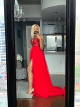Load image into Gallery viewer, Red Beaded hi slit dress
