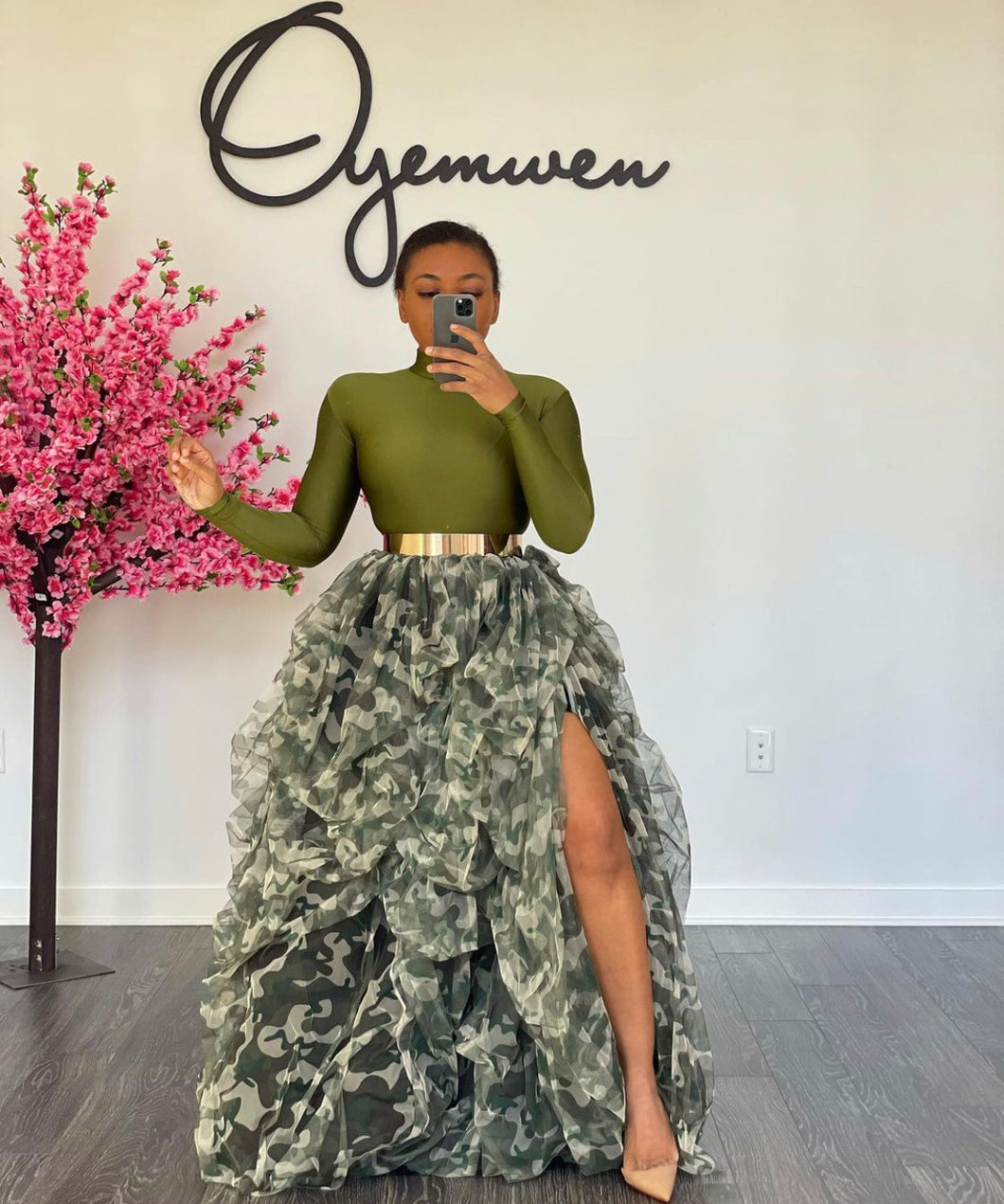 Custom made Camouflage print Hi slit skirt set