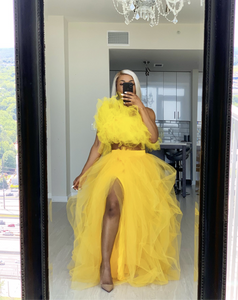 Yellow hi slit skirt set