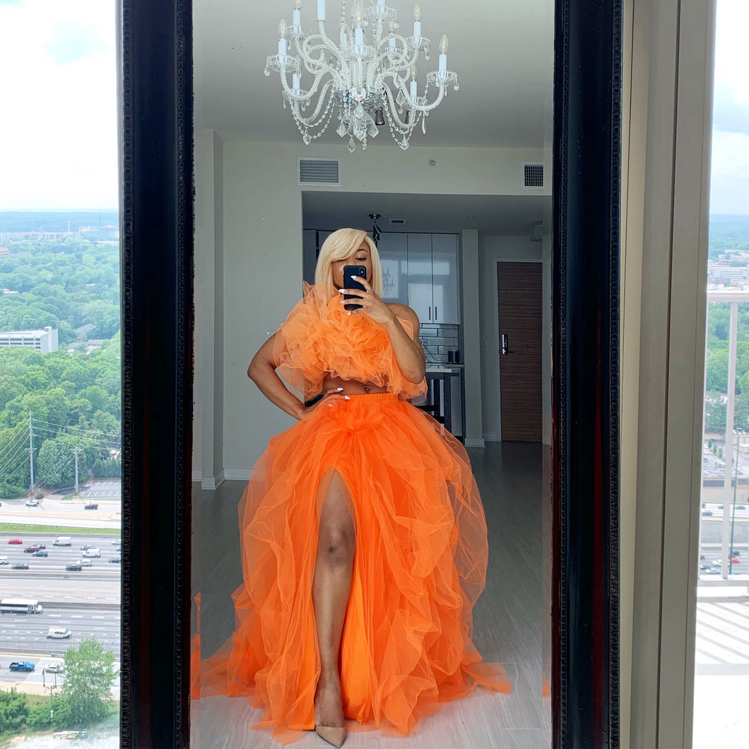 Orange hi slit sequins skirt set